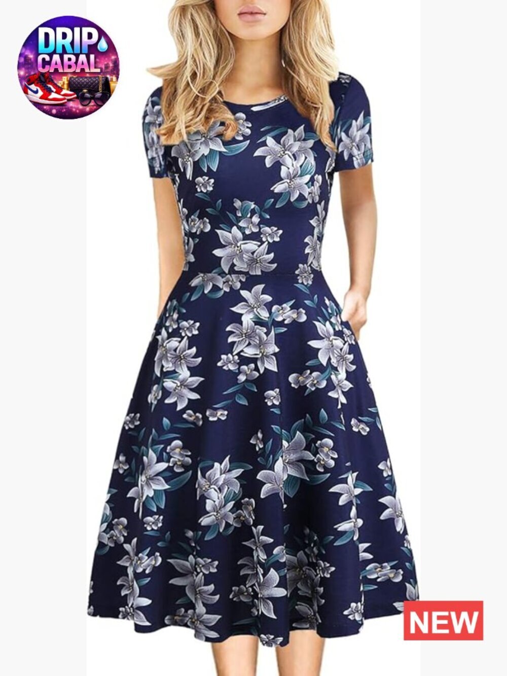 Polyester Blend A-Line Knee-Length Dress with Pockets